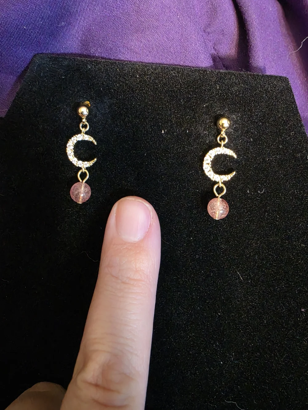 Gold Crescent Moon Earrings with Pink Crystal